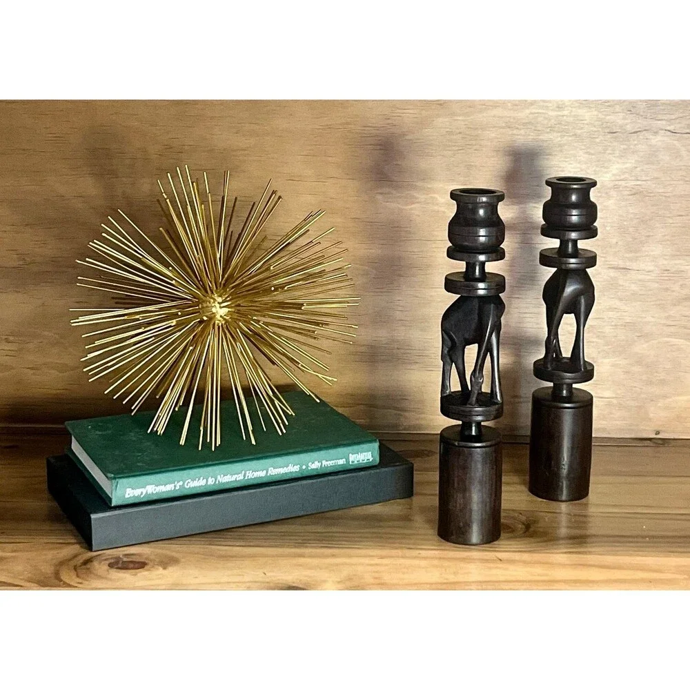 Vintage Wood Giraffe Candlesticks Set Boho Safari Decor Dark Wood Candle Holders